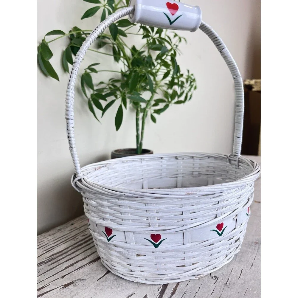Vintage White Woven Wicker Basket Ceramic Heart Handle / Red & Green Flowers 11”